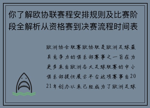 你了解欧协联赛程安排规则及比赛阶段全解析从资格赛到决赛流程时间表详解